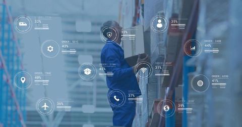 Warehouse worker using ar hud for smart inventory picking, order tracking, data overlays