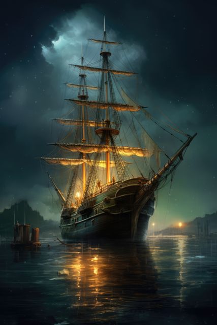 A majestic tall ship glows under the moonlit sky, anchored at a quiet harbor. Illuminated by warm lights, the vessel's intricate rigging and sails stand out against the dark, serene waters.