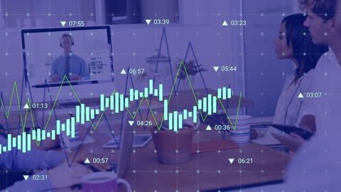 Teamwork in Office with Data Processing Animation Overlay