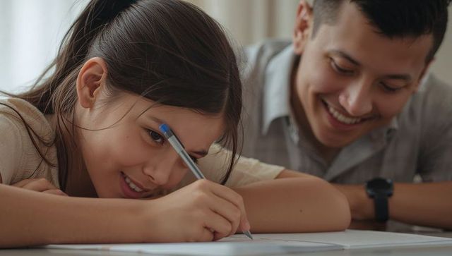 Father guiding daughter writing homework at home table, smiling and focusing on assignment