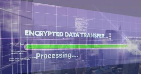 Futuristic encrypted data transfer dashboard with neon progress bar and cityscape overlay
