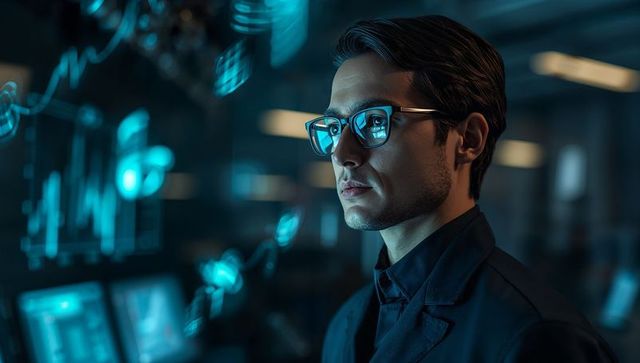 Tech professional studying holographic data displays in futuristic control room