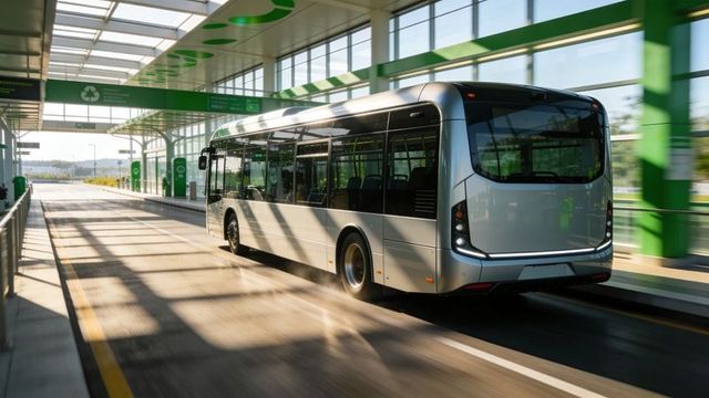 Gliding sleek electric city bus through sunlit covered transit terminal with green columns