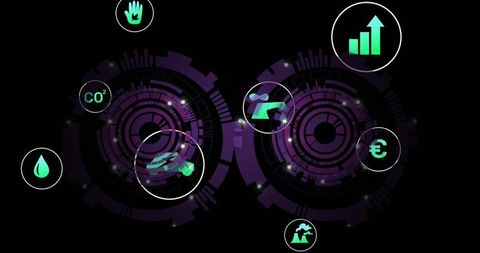 Futuristic HUD Interface with Sustainability Metrics and Digital Icons
