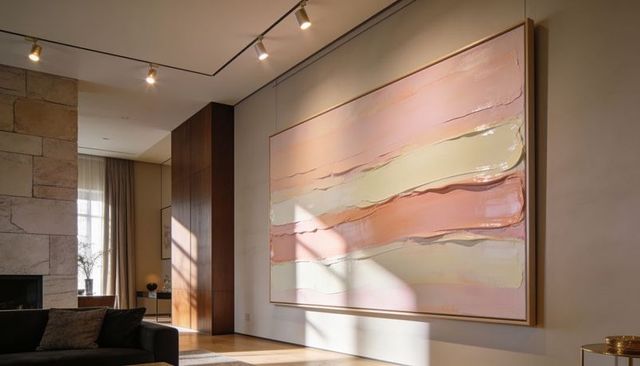 Large pastel abstract painting catching sunbeams in luxury living room