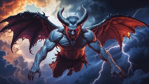 Epic horned satan defying storm with lightning and tattered wings