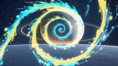Futuristic Cyan-Yellow Energy Vortex Floating Above Planet
