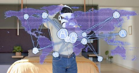 Man adjusting vr headset in bedroom exploring global augmented reality network