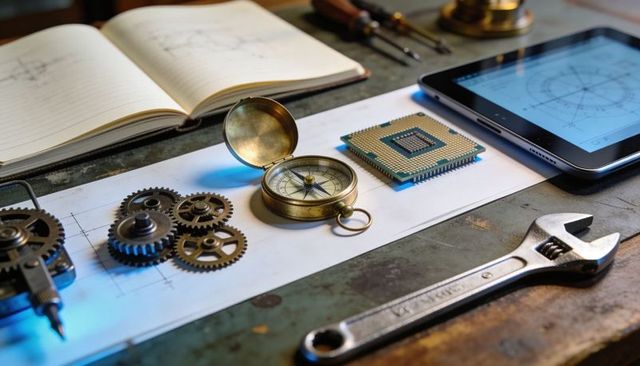 Brass compass and mechanical gears with cpu and tablet on worn workshop bench