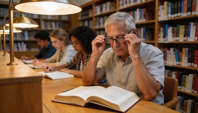 Senior Man Reading Thick Reference Volume at Library Study Table with Students