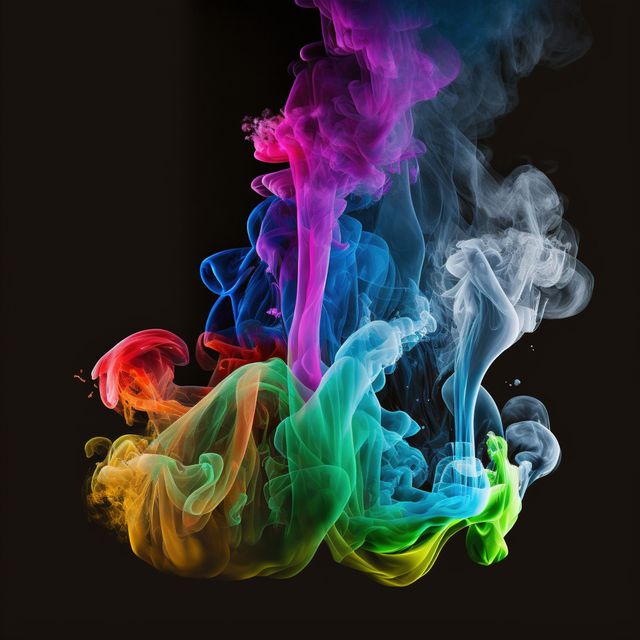 Colourful smoke trails floating on black background, created using generative ai technology. Colour, abstract background and pattern concept digitally generated image.