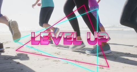 Women Jogging on Beach with Vibrant Metal Text Overlay Promoting Fitness