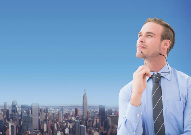 Image depicts a businessman holding glasses against a cityscape background, with a thoughtful expression and blue sky above. This image can be used for business presentations, corporate blogs, professional websites, or advertising material aiming to convey professionalism, urban lifestyle, strategic thinking, and corporate success.