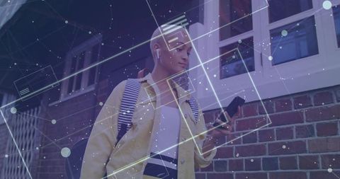 Young woman walking with smartphone and earbuds amid augmented reality overlay