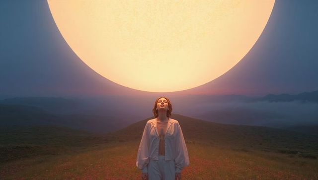 Woman standing under massive glowing orb at dawn on flowered hilltop, misty mountains