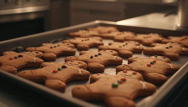 Freshly Baked Gingerbread Cookies with Candy Details on Tray