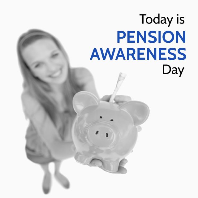 Happy Woman Celebrating Pension Awareness Day with Piggy Bank - Download Free Stock Templates Pikwizard.com