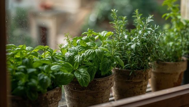 Sunlit kitchen windowsill growing lush mint and rosemary in rustic clay pots