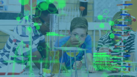 Diverse Students Collaborating in Science Laboratory with Digital Data Overlay