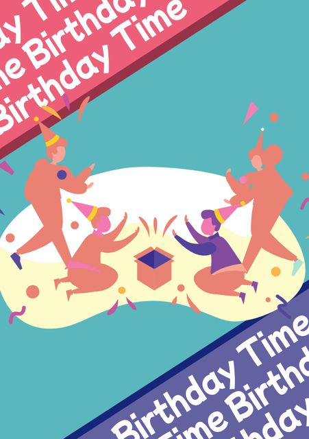 Illustration showing a birthday celebration with adults and children wearing party hats, enjoying a festive atmosphere with colorful confetti. Useful for birthday invitations, celebration flyers, themed posters, or decoration designs promoting a fun, joyful party environment.