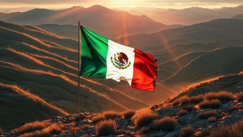 Mexican flag waving at sunrise on mountain peak