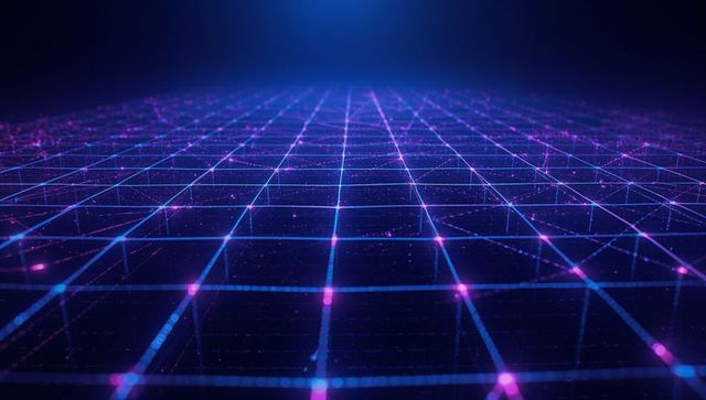 Futuristic neon grid with glowing nodes in virtual realm