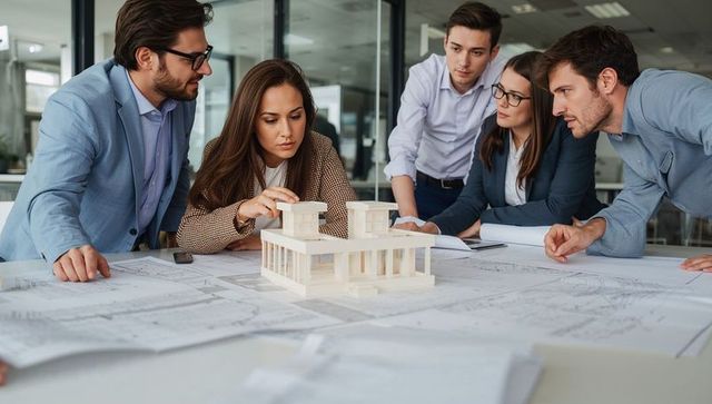 Team examining architectural scale model with blueprint
