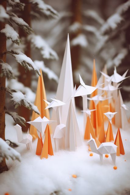 Orange and white origami forest and animals with snow, created using generative ai technology. Nature, seasons, wildlife and paper craft concept digitally generated image.