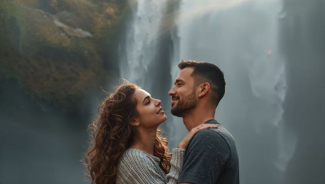 Romantic couple embracing at misty waterfall, gazing into each other's eyes, romantic getaway