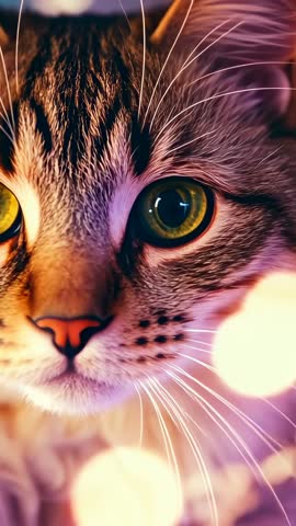 Vertical video zooming on fluffy tabby cat holding steady gaze amid warm bokeh lights