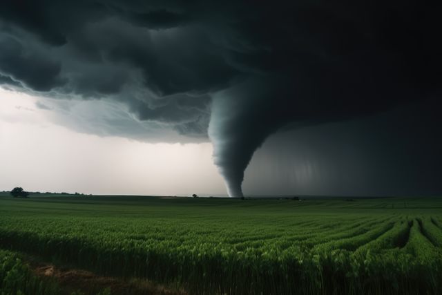 A tornado twists through a green field under a sky filled with dark, menacing clouds. The scene captures the power and danger of severe weather events, making it relevant for presentations or articles on natural disasters, climate studies, or extreme weather conditions. It can also be used for educational content or in documentaries highlighting natural phenomena.