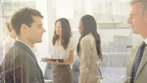 Business Professionals Shaking Hands Overlay Cityscape