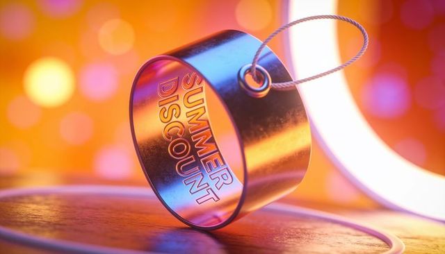Reflective metal tag embossed summer discount glowing bokeh neon ring retail sale concept