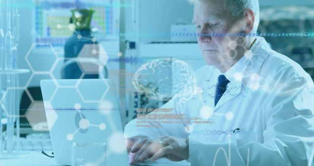 Senior scientist conducting research on computer in advanced laboratory setting, ideal for illustrating concepts related to medical research, technological advancements in healthcare, senior professionals in science, or innovative laboratory technology.