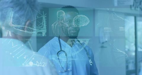 Advanced Medical Data Visualization with Smiling Black Doctor - Download Free Stock Images Pikwizard.com