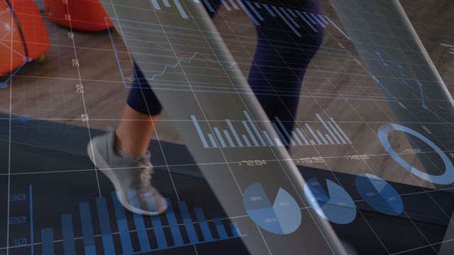 Visually engaging scene showing a caucasian woman running on a treadmill with data graphics overlayed. Designed to blend fitness with technology, presenting real-time data collection and analysis. Perfect for illustrating sports analytics, modern health tracking technology, or showcasing fitness tech innovation.