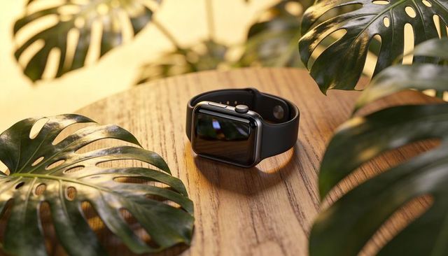 Black smartwatch resting on wood table surrounded by monstera leaves reflecting warm light