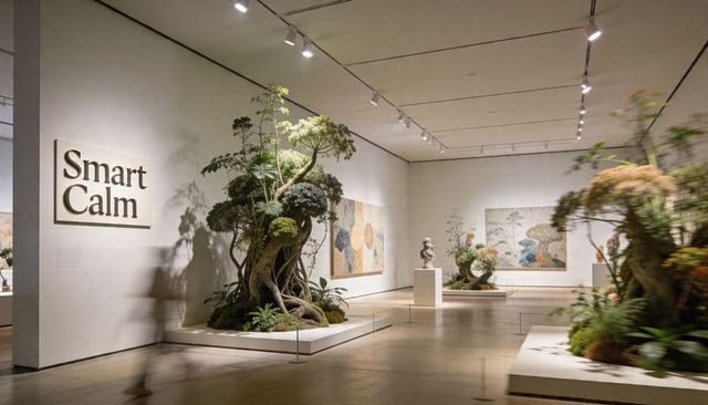 Contemporary gallery installation blending bonsai and moss sculptures with smart calm signage