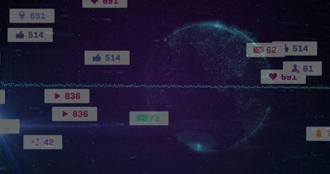 Rotating data globe with pulsing waveform, social notifications and network particles