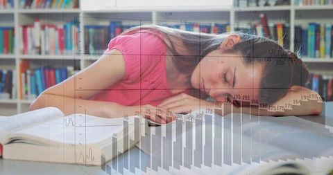 Teen napping over open textbooks in library with data graph overlay showing study fatigue