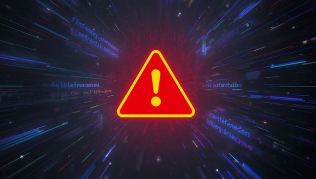 Neon warning triangle pulsing in digital tunnel with floating code and cyber alert