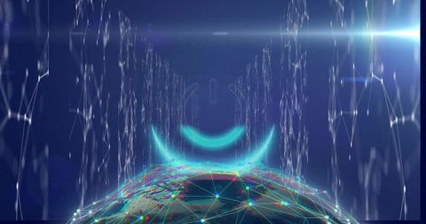 Futuristic networked globe with neon mesh, holographic crescents and data beams