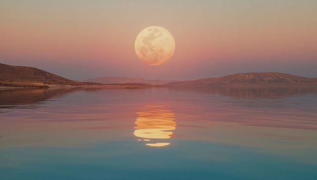 Tranquil Dawn with Full Moon Reflection Over Serene Lake