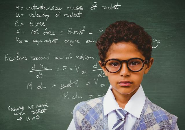 Portrait of boy in spectacles standing against chalkboard with scientific formula in the classroom