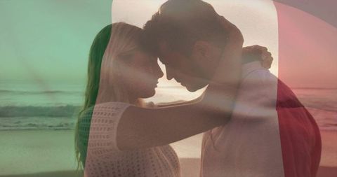 Romantic Double Exposure Embracing Couple at Sunset Beach with Tricolor Light Overlay