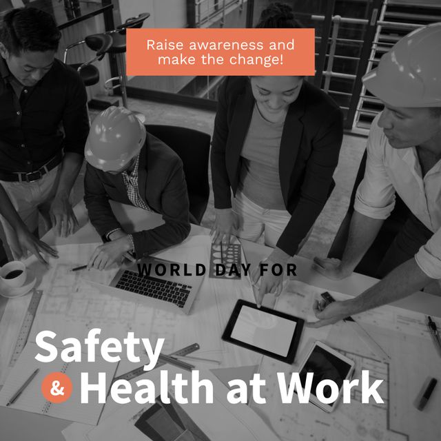 Diverse group of architects wearing safety hats collaborating on workplace safety plans. Perfect for highlighting workplace safety, teamwork, and raising awareness about health and safety regulations for World Day for Safety and Health at Work.