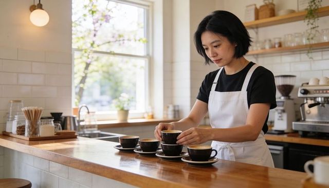Barista arranging espresso cups on wooden counter in sunlit minimalist cafe with greenery