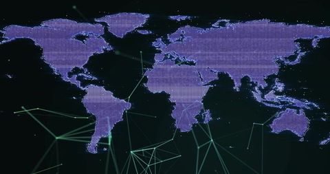 Global network map glowing purple and teal, connecting world with wireframe nodes and grid