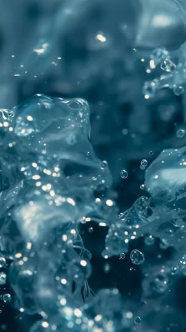 Rising bubbles forming filaments and sparkling bokeh in macro water vertical motion video