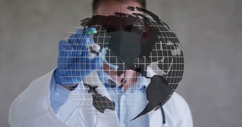Physician interacting with holographic globe and data visualization for global health tech